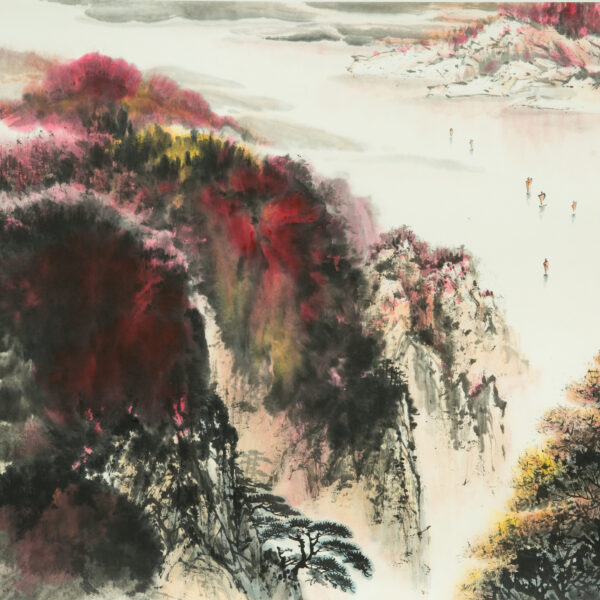 Silent Voyage: Mountain Blossoms and Sailing Contemplations | Original Ink Painting on Paper | Contemporary Eastern Nature Philosophy Art