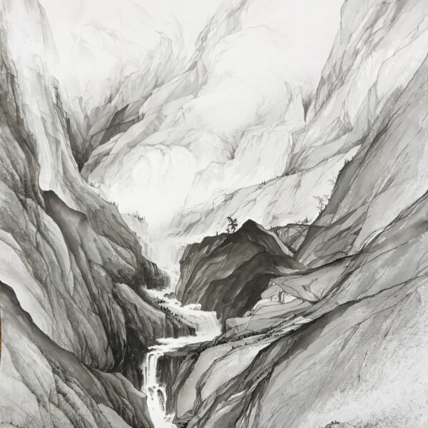 Ink Dialogues with Time: Mist-Shrouded Cliffs & Cascading Waterscape