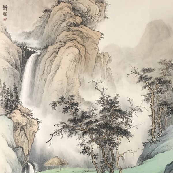 Whispers from the Mist: Serene Peaks and Flowing Waters in Ink Wash（Chinese Landscape Painting/ Lofty Mountains/ Pine Trees/ Tranquil Zen Atmosphere）