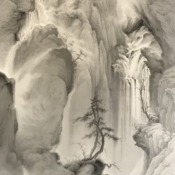 Eternal Whisper of Mist and Pine: Contemporary Ink Wash Landscape with Waterfall Ambience
