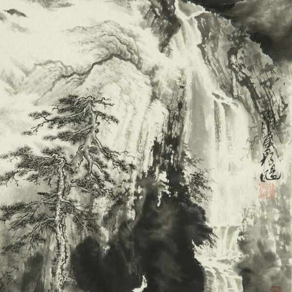 Whispers of the Ancient Pine: Serenity Beneath the Waterfall - Original Ink Wash Painting on Paper | Zen-Inspired Nature Art