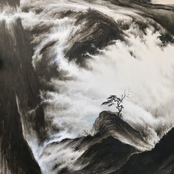 Solitude in Flux: Lone Tree Amidst Mountain Clouds (Ink-Wash Meditation on Time)